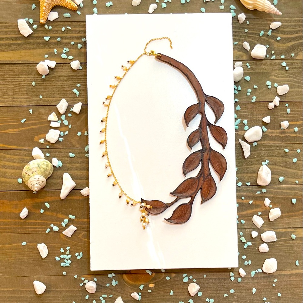 Vintage hand crafted leather necklace chain Gold plated and mother of pearls